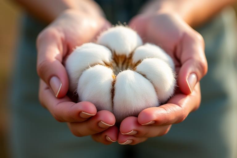 Closeup of a hand holding raw, organic cotton fibers.